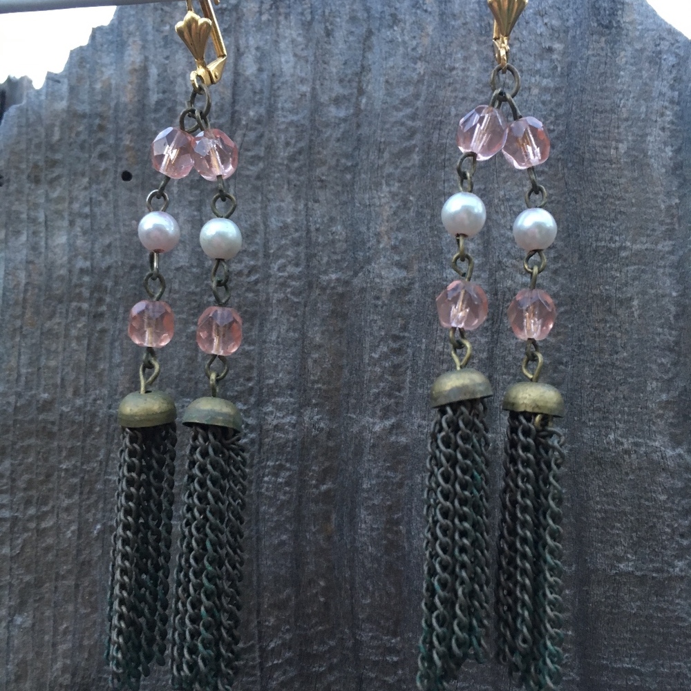 Gorgeous steampunk-y pink & brass tassel earrings